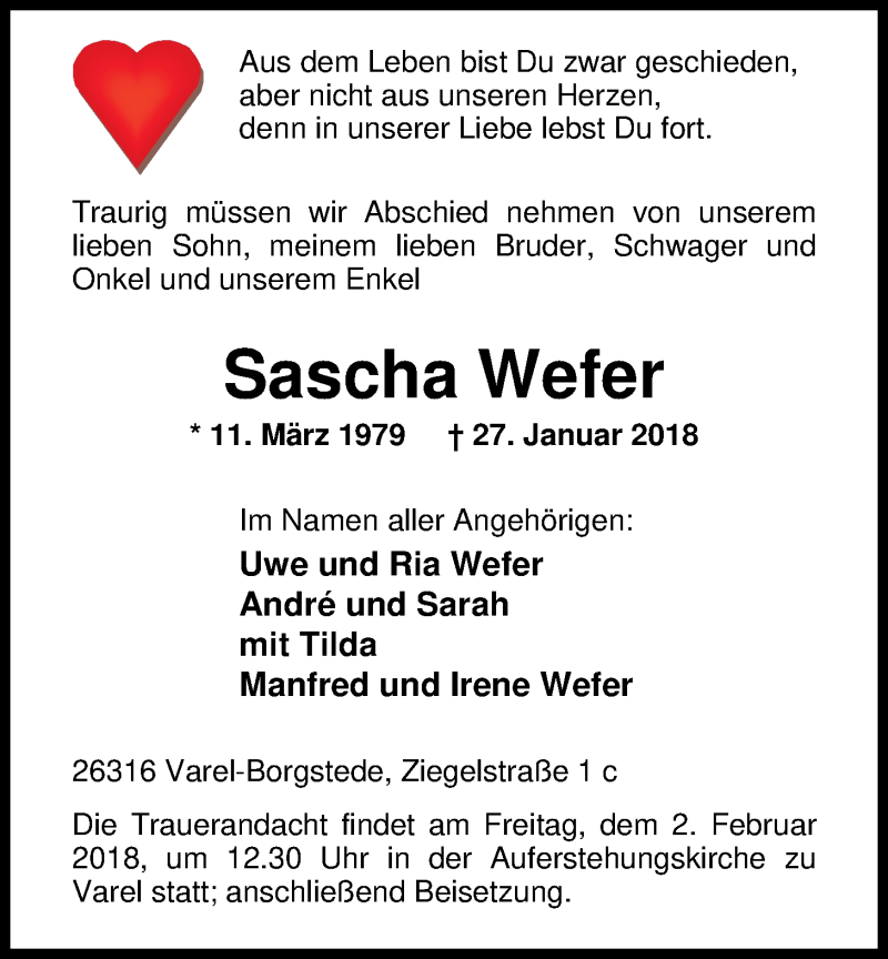  Traueranzeige für Sascha Wefer vom 31.01.2018 aus Nordwest-Zeitung