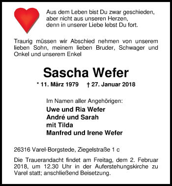 Traueranzeige von Sascha Wefer von Nordwest-Zeitung