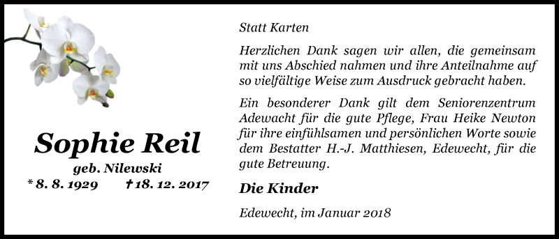  Traueranzeige für Sophie Reil vom 27.01.2018 aus Nordwest-Zeitung