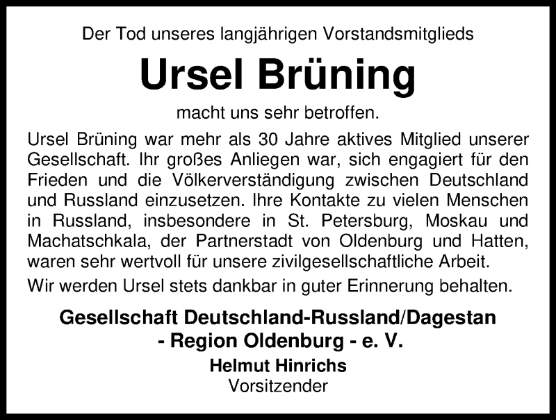  Traueranzeige für Ursel Brüning vom 25.01.2018 aus Nordwest-Zeitung