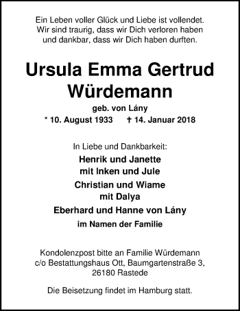 Traueranzeige von Ursula Emma Gertrud Würdemann von Nordwest-Zeitung