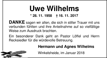 Traueranzeige von Uwe Wilhelms von Nordwest-Zeitung