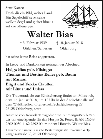 Traueranzeige von Walter Bias von Nordwest-Zeitung
