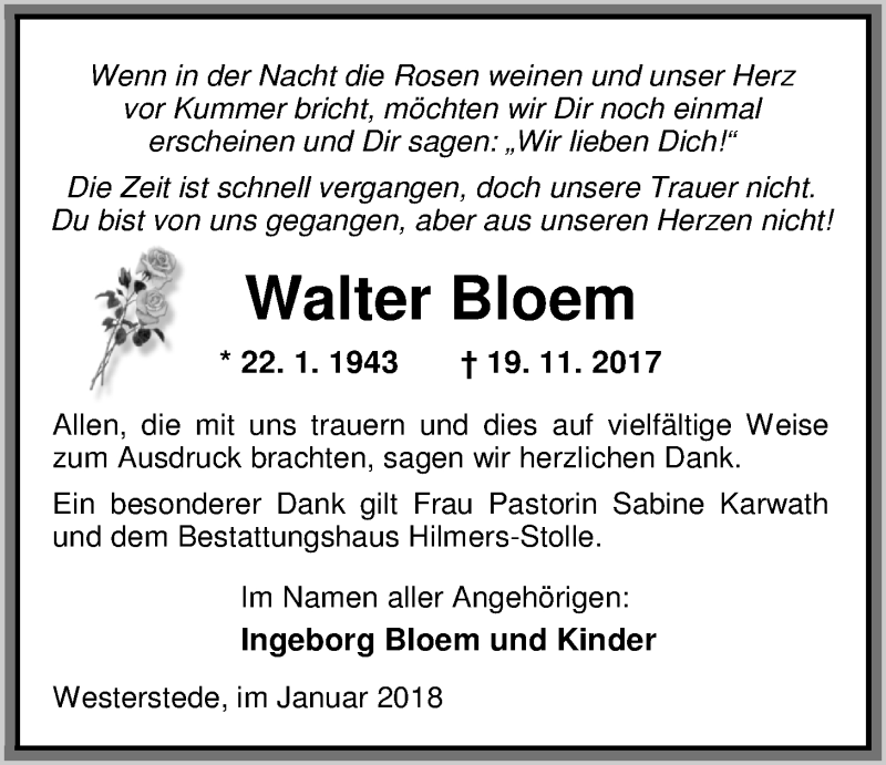  Traueranzeige für Walter Bloem vom 22.01.2018 aus Nordwest-Zeitung