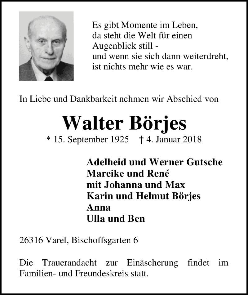 Traueranzeige für Walter Börjes vom 08.01.2018 aus Nordwest-Zeitung