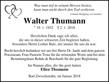 Traueranzeige von Walter Thumann von Nordwest-Zeitung