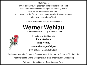 Traueranzeige von Werner Wehlau von Nordwest-Zeitung