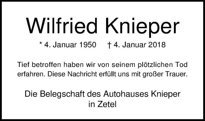  Traueranzeige für Wilfried Knieper vom 08.01.2018 aus Nordwest-Zeitung