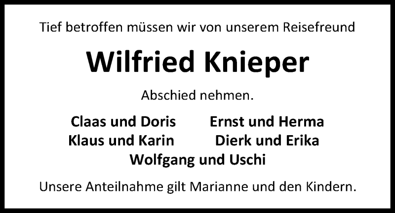  Traueranzeige für Wilfried Knieper vom 08.01.2018 aus Nordwest-Zeitung