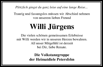 Traueranzeige von Wilhelm Jürgens von Nordwest-Zeitung