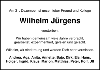 Traueranzeige von Wilhelm Jürgens von Nordwest-Zeitung