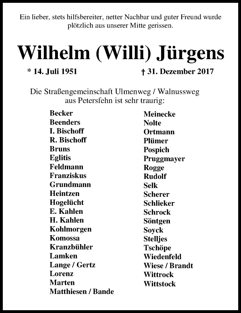  Traueranzeige für Wilhelm Jürgens vom 06.01.2018 aus Nordwest-Zeitung