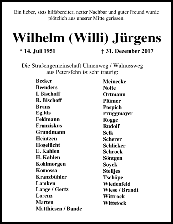 Traueranzeige von Wilhelm Jürgens von Nordwest-Zeitung