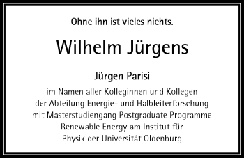 Traueranzeige von Wilhelm Jürgens von Nordwest-Zeitung