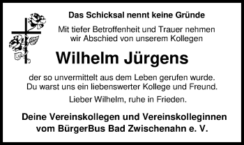 Traueranzeige von Wilhelm Jürgens von Nordwest-Zeitung