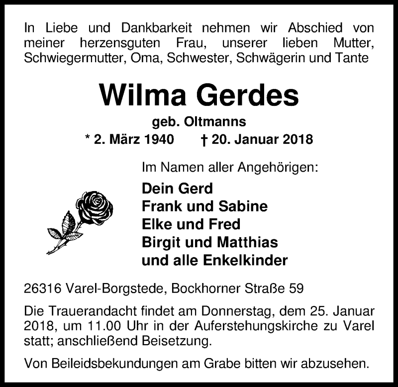  Traueranzeige für Wilma Gerdes vom 22.01.2018 aus Nordwest-Zeitung