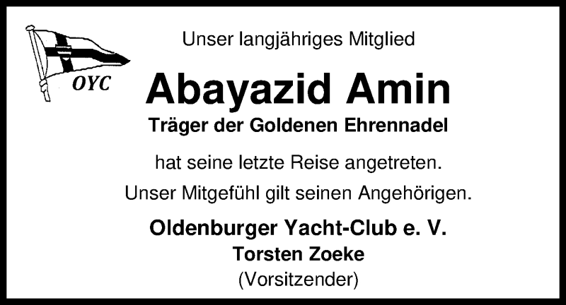  Traueranzeige für Abayazid Amin vom 27.10.2018 aus Nordwest-Zeitung