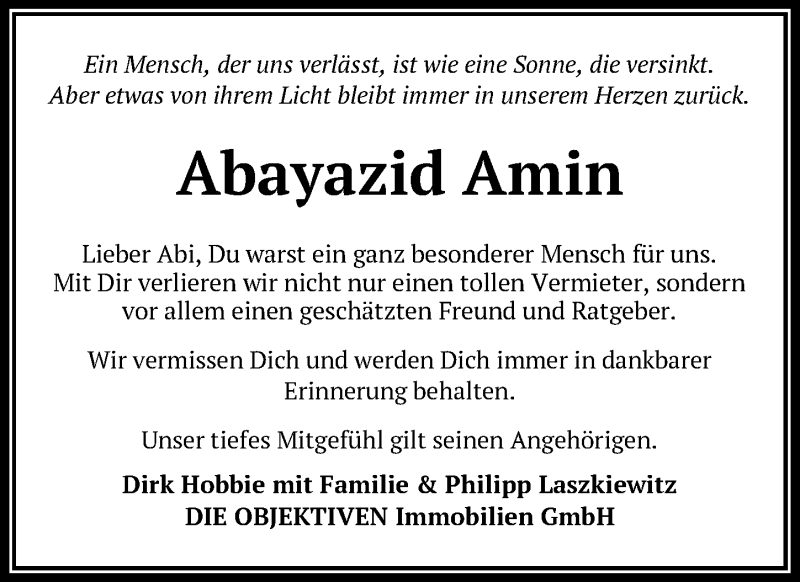  Traueranzeige für Abayazid Amin vom 27.10.2018 aus Nordwest-Zeitung