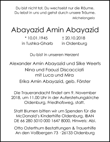 Traueranzeige von Abayazid Amin von Nordwest-Zeitung