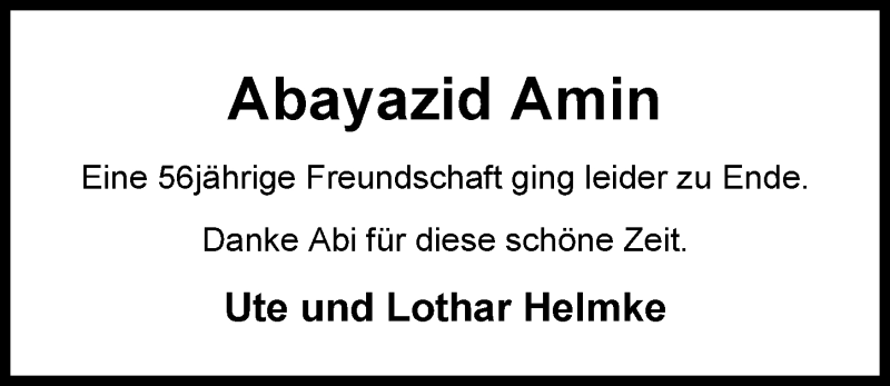  Traueranzeige für Abayazid Amin vom 27.10.2018 aus Nordwest-Zeitung