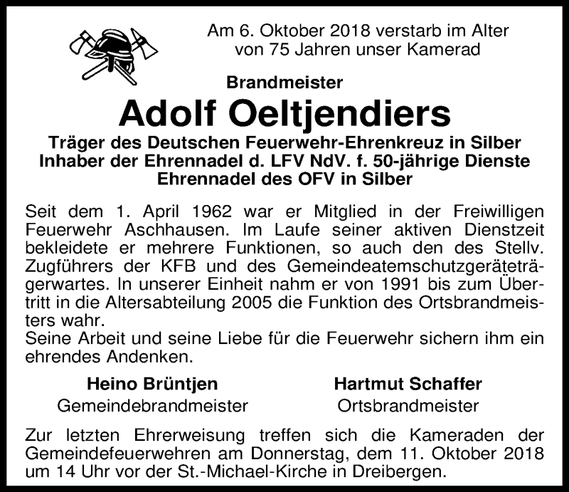  Traueranzeige für Adolf Oeltjendiers vom 09.10.2018 aus Nordwest-Zeitung
