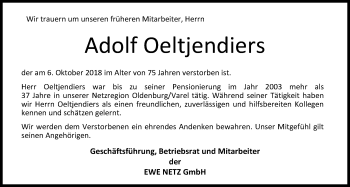 Traueranzeige von Adolf Oeltjendiers von Nordwest-Zeitung