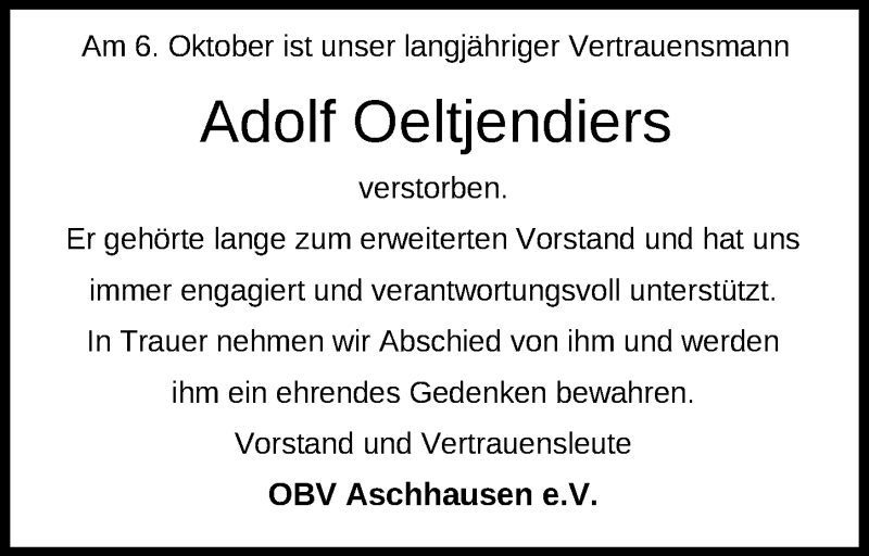  Traueranzeige für Adolf Oeltjendiers vom 11.10.2018 aus Nordwest-Zeitung