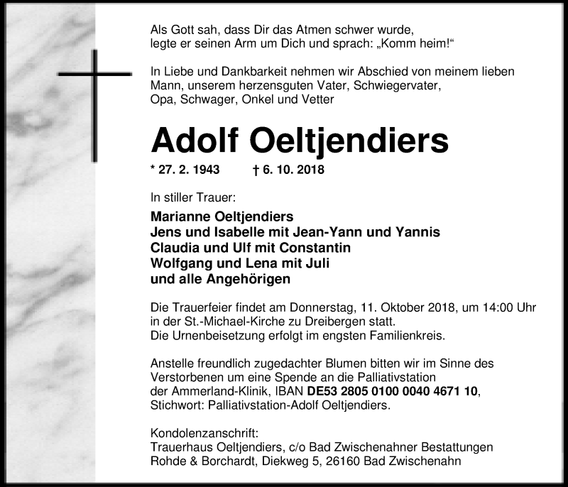  Traueranzeige für Adolf Oeltjendiers vom 09.10.2018 aus Nordwest-Zeitung