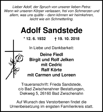Traueranzeige von Adolf Sandstede von Nordwest-Zeitung