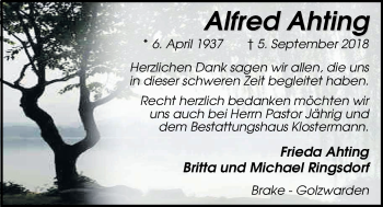 Traueranzeige von Alfred Ahting von Nordwest-Zeitung