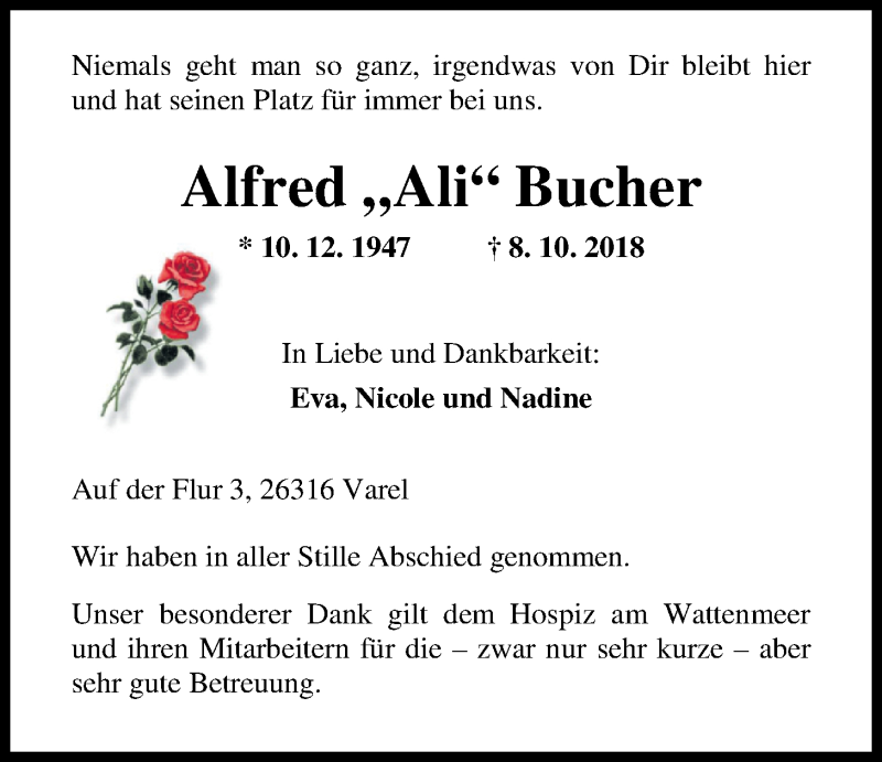  Traueranzeige für Alfred Bucher vom 20.10.2018 aus Nordwest-Zeitung