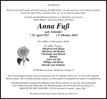 Traueranzeige von Anna Fuß von Nordwest-Zeitung