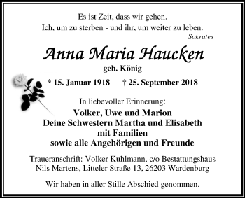 Traueranzeige von Anna Maria Haucken von Nordwest-Zeitung