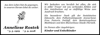 Traueranzeige von Anneliese Rostek von Nordwest-Zeitung