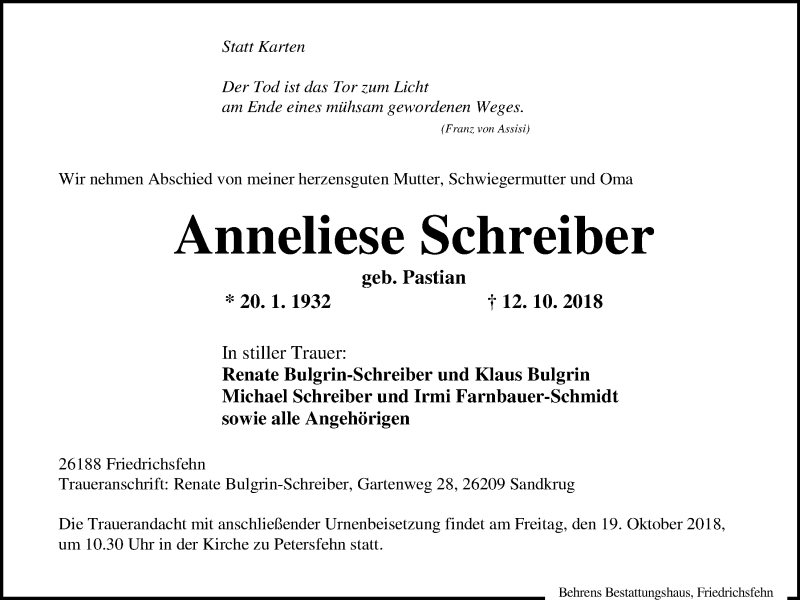  Traueranzeige für Anneliese Schreiber vom 16.10.2018 aus Nordwest-Zeitung