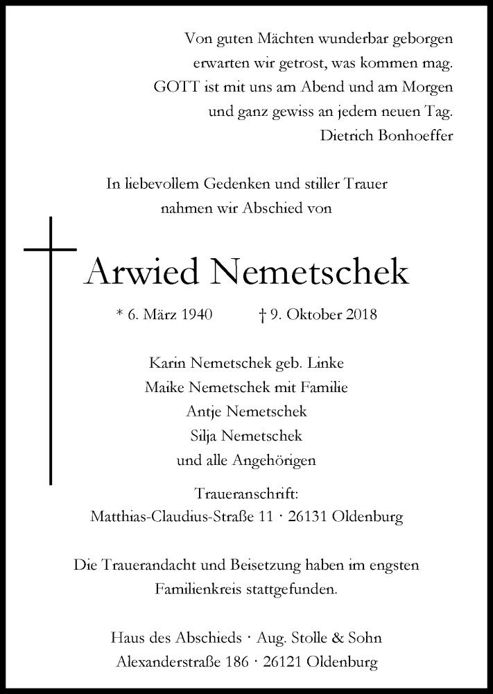 Traueranzeige für Arwied Nemetschek vom 17.10.2018 aus Nordwest-Zeitung