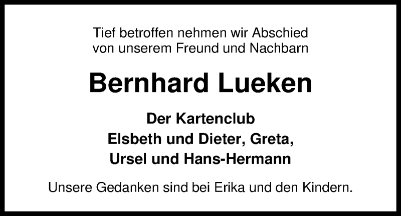  Traueranzeige für Bernhard Lueken vom 30.10.2018 aus Nordwest-Zeitung