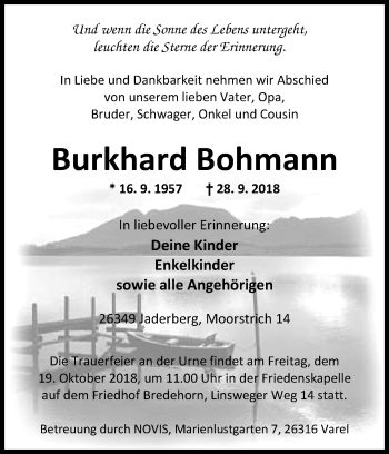 Traueranzeige von Burkhard Bohmann von Nordwest-Zeitung