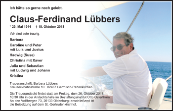 Traueranzeige von Claus-Ferdinand Lübbers von Nordwest-Zeitung