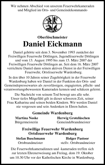 Traueranzeige von Daniel Eickmann von Nordwest-Zeitung