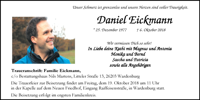  Traueranzeige für Daniel Eickmann vom 13.10.2018 aus Nordwest-Zeitung
