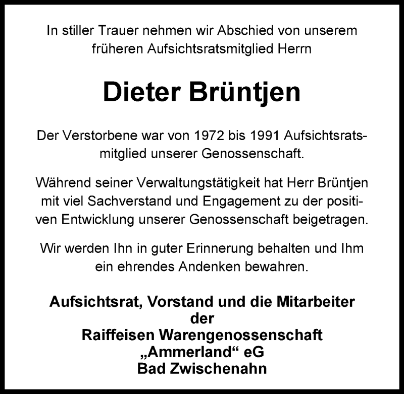  Traueranzeige für Dieter Brüntjen vom 20.10.2018 aus Nordwest-Zeitung