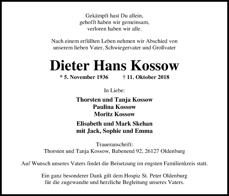  Traueranzeige für Dieter Kossow vom 20.10.2018 aus Nordwest-Zeitung