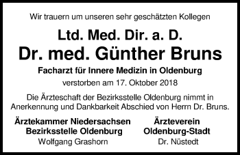 Traueranzeige von Dr. med. Günther Bruns von Nordwest-Zeitung