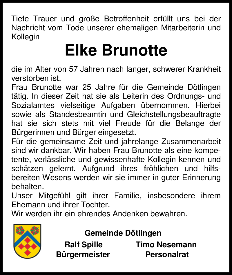  Traueranzeige für Elke Brunotte vom 27.10.2018 aus Nordwest-Zeitung