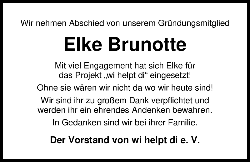  Traueranzeige für Elke Brunotte vom 27.10.2018 aus Nordwest-Zeitung