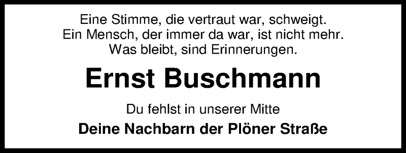  Traueranzeige für Ernst Buschmann vom 25.10.2018 aus Nordwest-Zeitung
