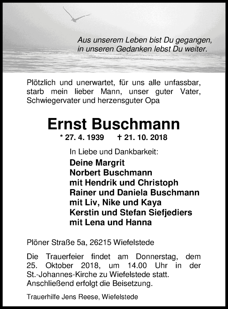  Traueranzeige für Ernst Buschmann vom 23.10.2018 aus Nordwest-Zeitung