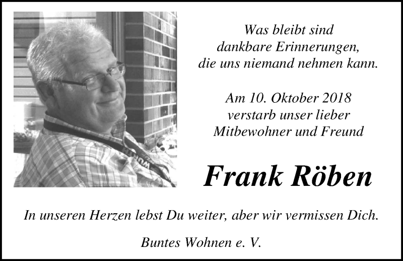  Traueranzeige für Frank Röben vom 16.10.2018 aus Nordwest-Zeitung