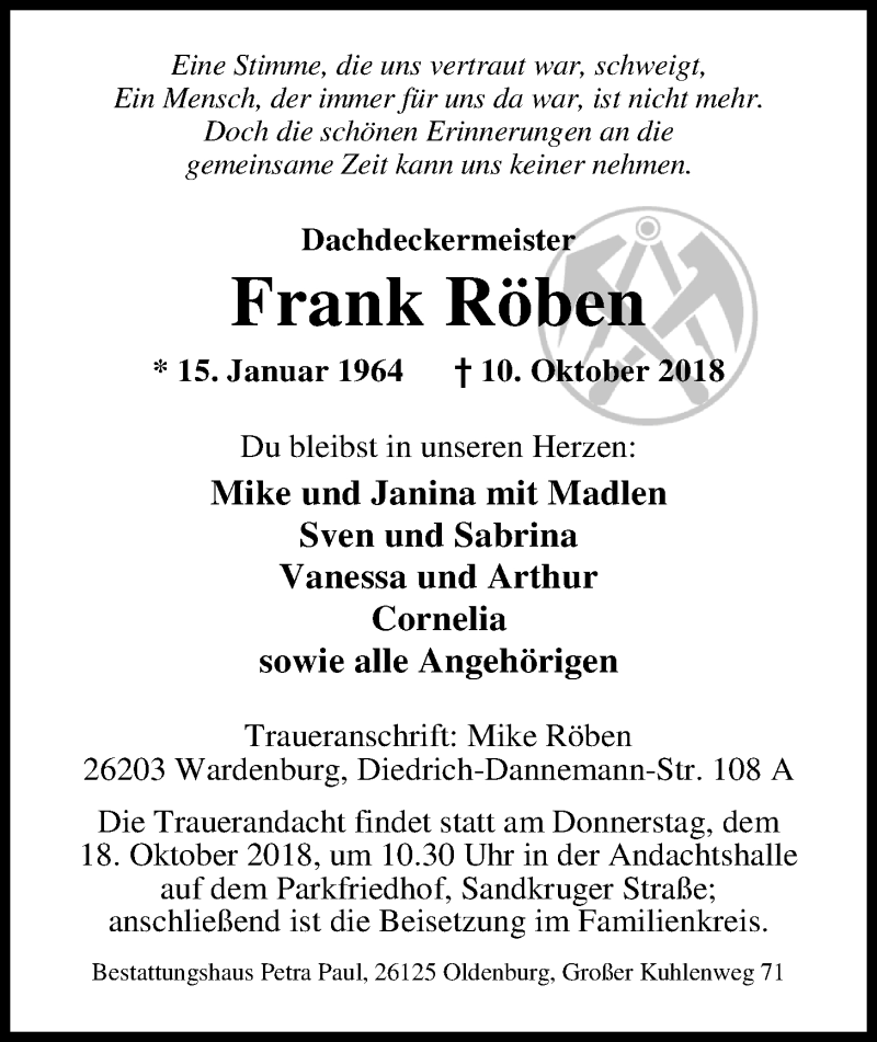  Traueranzeige für Frank Röben vom 13.10.2018 aus Nordwest-Zeitung